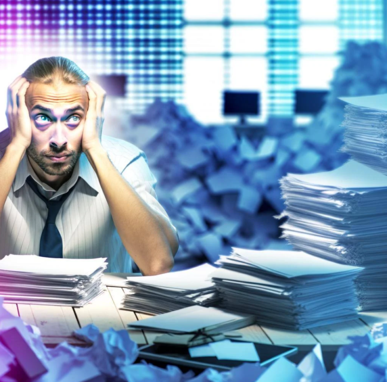 An image of a person sitting in a cluttered room, surrounded by papers and digital devices, looking overwhelmed and stressed