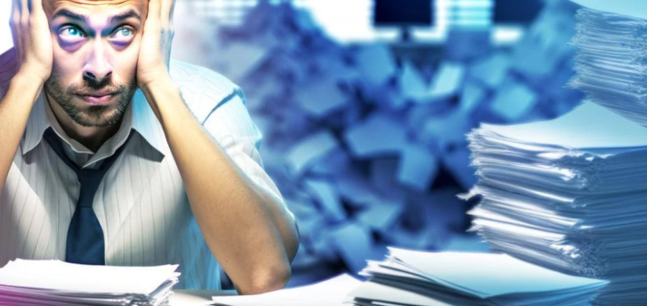 An image of a person sitting in a cluttered room, surrounded by papers and digital devices, looking overwhelmed and stressed